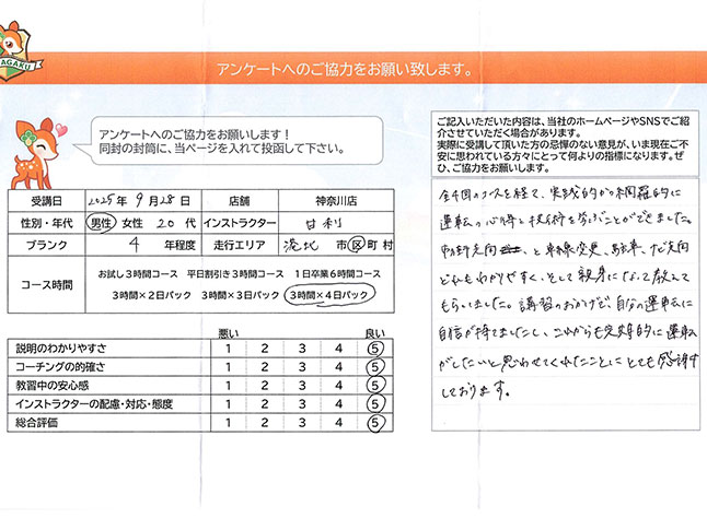 横浜市港北区 20代男性 ペーパードライバー講習アンケート