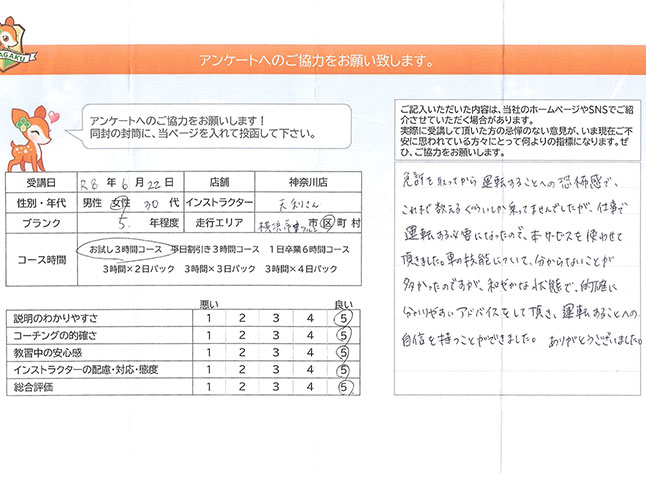 横浜市鶴見区 30代女性 ペーパードライバー講習アンケート 横浜市鶴見区 30代女性 ペーパードライバー講習アンケート